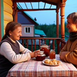 **A cozy B&B scene in a small Russian town.**  Veranda in the evening light, samovar on the table with jam, friendly hosts sharing stories. Focus on warmth and authenticity.
