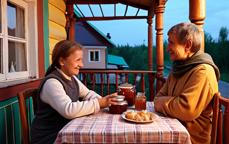 **A cozy B&B scene in a small Russian town.**  Veranda in the evening light, samovar on the table with jam, friendly hosts sharing stories. Focus on warmth and authenticity.