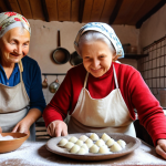 ** A vibrant, eye-level shot of a local artisan (perhaps a babushka) in a rural Russian village teaching a small group of tourists (mix of ages) how to make traditional Russian dumplings (pelmeni or vareniki). The setting is a cozy, rustic kitchen with natural light. Focus on the interaction, the joy of learning, and the authentic cultural experience. Include ingredients like flour, eggs, and various fillings.

**