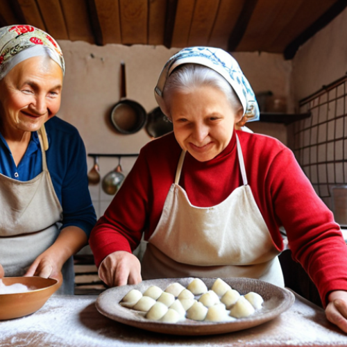 ** A vibrant, eye-level shot of a local artisan (perhaps a babushka) in a rural Russian village teaching a small group of tourists (mix of ages) how to make traditional Russian dumplings (pelmeni or vareniki). The setting is a cozy, rustic kitchen with natural light. Focus on the interaction, the joy of learning, and the authentic cultural experience. Include ingredients like flour, eggs, and various fillings.

**
