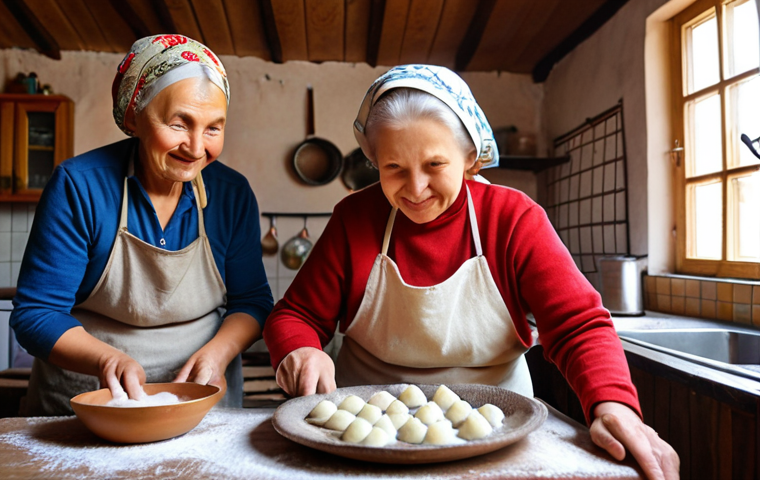 ** A vibrant, eye-level shot of a local artisan (perhaps a babushka) in a rural Russian village teaching a small group of tourists (mix of ages) how to make traditional Russian dumplings (pelmeni or vareniki). The setting is a cozy, rustic kitchen with natural light. Focus on the interaction, the joy of learning, and the authentic cultural experience. Include ingredients like flour, eggs, and various fillings.

**