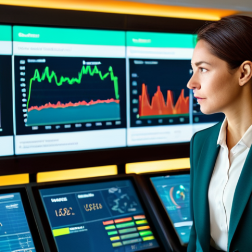 A professional female hotel manager, fully clothed in a modest, elegant business suit, stands confidently in a high-tech hotel control room. She looks at a large digital display showing real-time energy consumption data, her expression focused and capable. The control room is sleek and modern, featuring multiple screens with graphs and green indicator lights, with natural light streaming through a large window overlooking a general city skyline. Professional photography, soft lighting, vibrant colors, clean aesthetic, high resolution, safe for work, appropriate content, family-friendly, perfect anatomy, correct proportions, natural pose, well-formed hands, proper finger count, natural body proportions.