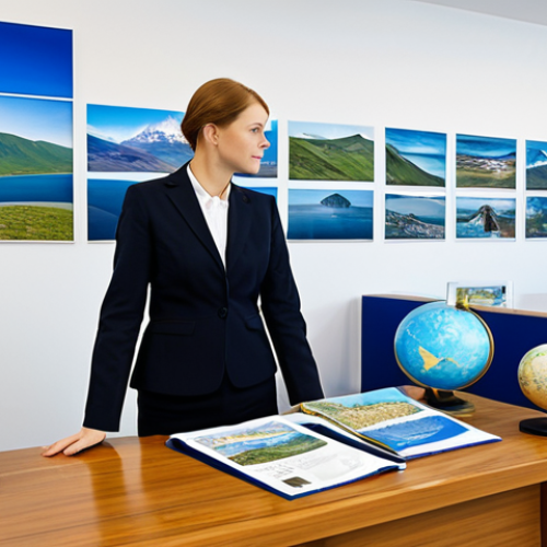 A professional tourism manager, either male or female, standing in a modern, spacious office. They are fully clothed in a modest business suit and appropriate attire. In the background, a large digital display showcases a vibrant collage of diverse Russian landscapes, such as the serene shores of Lake Baikal, the historic architecture of the Golden Ring, and the wild beauty of Kamchatka, symbolizing the vastness of travel opportunities. Desks nearby hold neatly organized travel brochures and a globe. The manager is looking thoughtfully at the display, perhaps gesturing towards a specific region, embodying strategic planning and global reach. Professional photography, high detail, vivid colors, clear focus, perfect anatomy, correct proportions, natural pose, well-formed hands, proper finger count, natural body proportions, safe for work, appropriate content, professional, family-friendly.