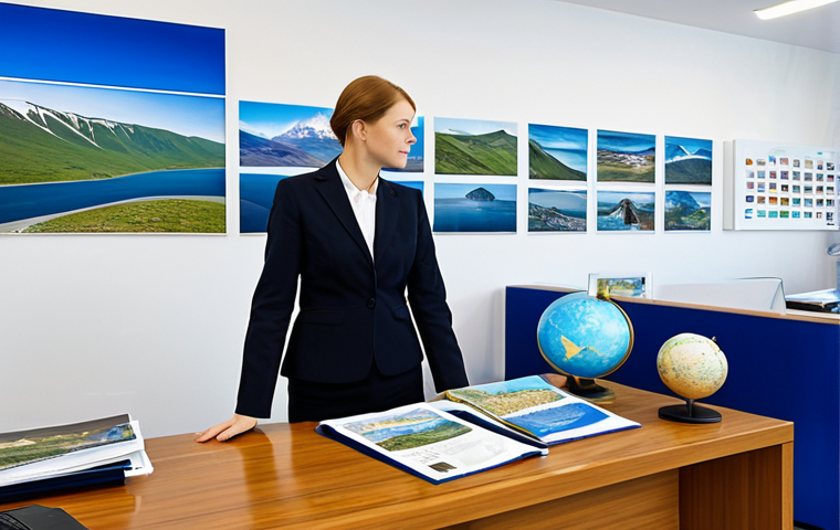 A professional tourism manager, either male or female, standing in a modern, spacious office. They are fully clothed in a modest business suit and appropriate attire. In the background, a large digital display showcases a vibrant collage of diverse Russian landscapes, such as the serene shores of Lake Baikal, the historic architecture of the Golden Ring, and the wild beauty of Kamchatka, symbolizing the vastness of travel opportunities. Desks nearby hold neatly organized travel brochures and a globe. The manager is looking thoughtfully at the display, perhaps gesturing towards a specific region, embodying strategic planning and global reach. Professional photography, high detail, vivid colors, clear focus, perfect anatomy, correct proportions, natural pose, well-formed hands, proper finger count, natural body proportions, safe for work, appropriate content, professional, family-friendly.