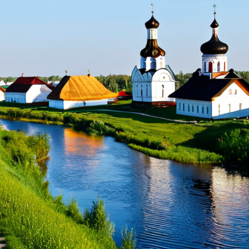 Suzdal Townscape**

"Picturesque view of Suzdal, Russia, featuring historic churches and traditional wooden houses, a river flowing through the landscape, fully clothed tourists walking around, appropriate attire, safe for work, perfect anatomy, correct proportions, natural lighting, professional photography, high quality, family-friendly, modest depiction of Russian architecture."

**