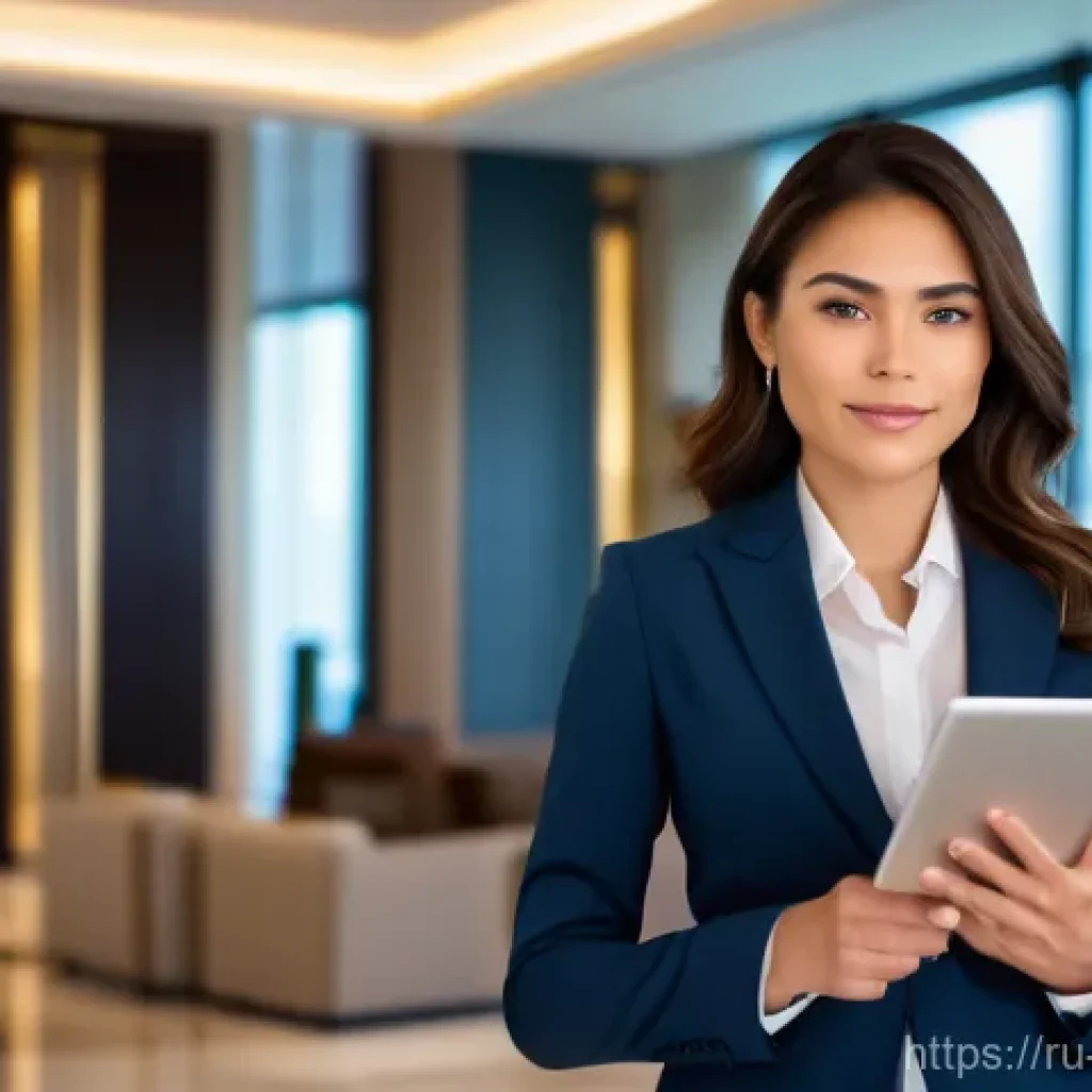 호텔 채용 과정 - A professional and confident young woman, dressed in a sharp, modern business suit, is standing in a...