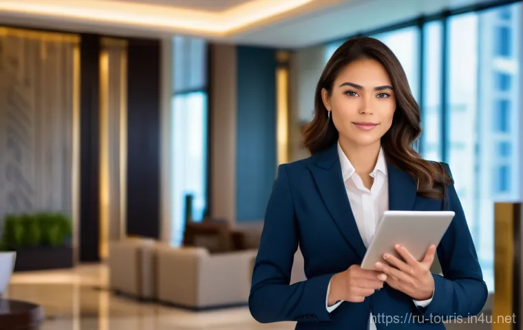 호텔 채용 과정 - A professional and confident young woman, dressed in a sharp, modern business suit, is standing in a...