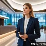 호텔 산업의 디지털 혁명 - **Seamless Digital Check-in in a Modern Russian Hotel:**
    "A stylish female business traveler, in...