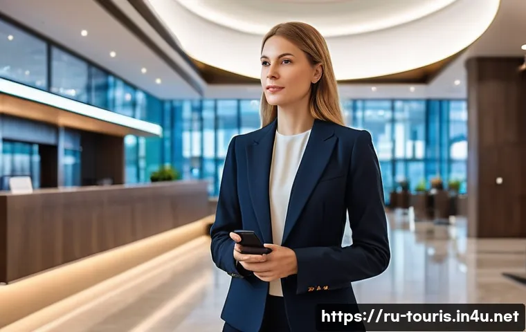 호텔 산업의 디지털 혁명 - **Seamless Digital Check-in in a Modern Russian Hotel:**
    "A stylish female business traveler, in...