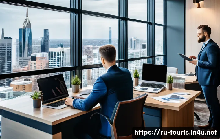 호텔 경영의 재무 관리 - A modern hotel manager’s office scene showing a diverse team analyzing financial charts and budget s...