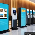 Home 19 호텔 관광 산업 트렌드 - A modern hotel lobby featuring a sleek AI-powered self-check-in kiosk with a diverse group of adult ...