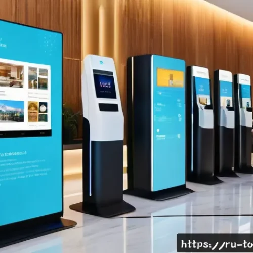 Home 31 호텔 관광 산업 트렌드 - A modern hotel lobby featuring a sleek AI-powered self-check-in kiosk with a diverse group of adult ...