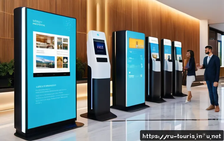 호텔 관광 산업 트렌드 - A modern hotel lobby featuring a sleek AI-powered self-check-in kiosk with a diverse group of adult ...
