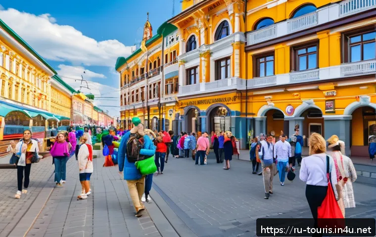 호텔관광경영학의 사회적 기여 - A vibrant scene of a bustling Russian resort town during peak tourist season, featuring modern hotel...