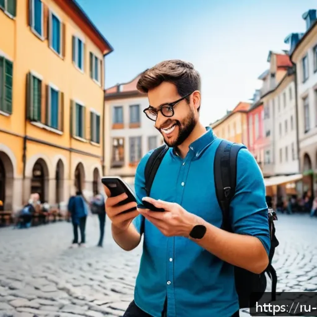 관광 산업의 글로벌화 - A modern traveler using a smartphone outdoors in a bustling European city square, surrounded by hist...