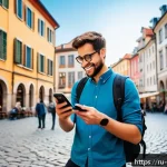 Home 23 관광 산업의 글로벌화 - A modern traveler using a smartphone outdoors in a bustling European city square, surrounded by hist...