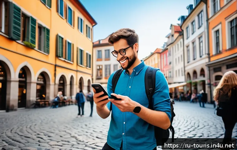 관광 산업의 글로벌화 - A modern traveler using a smartphone outdoors in a bustling European city square, surrounded by hist...