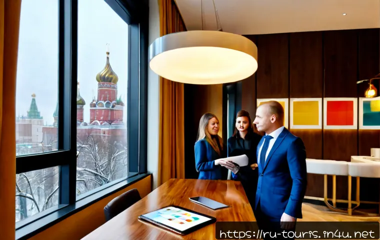호텔 마케팅 전략과 캠페인 - Photorealistic hotel marketing strategy meeting in a stylish Moscow boutique hotel lobby, diverse Ru...